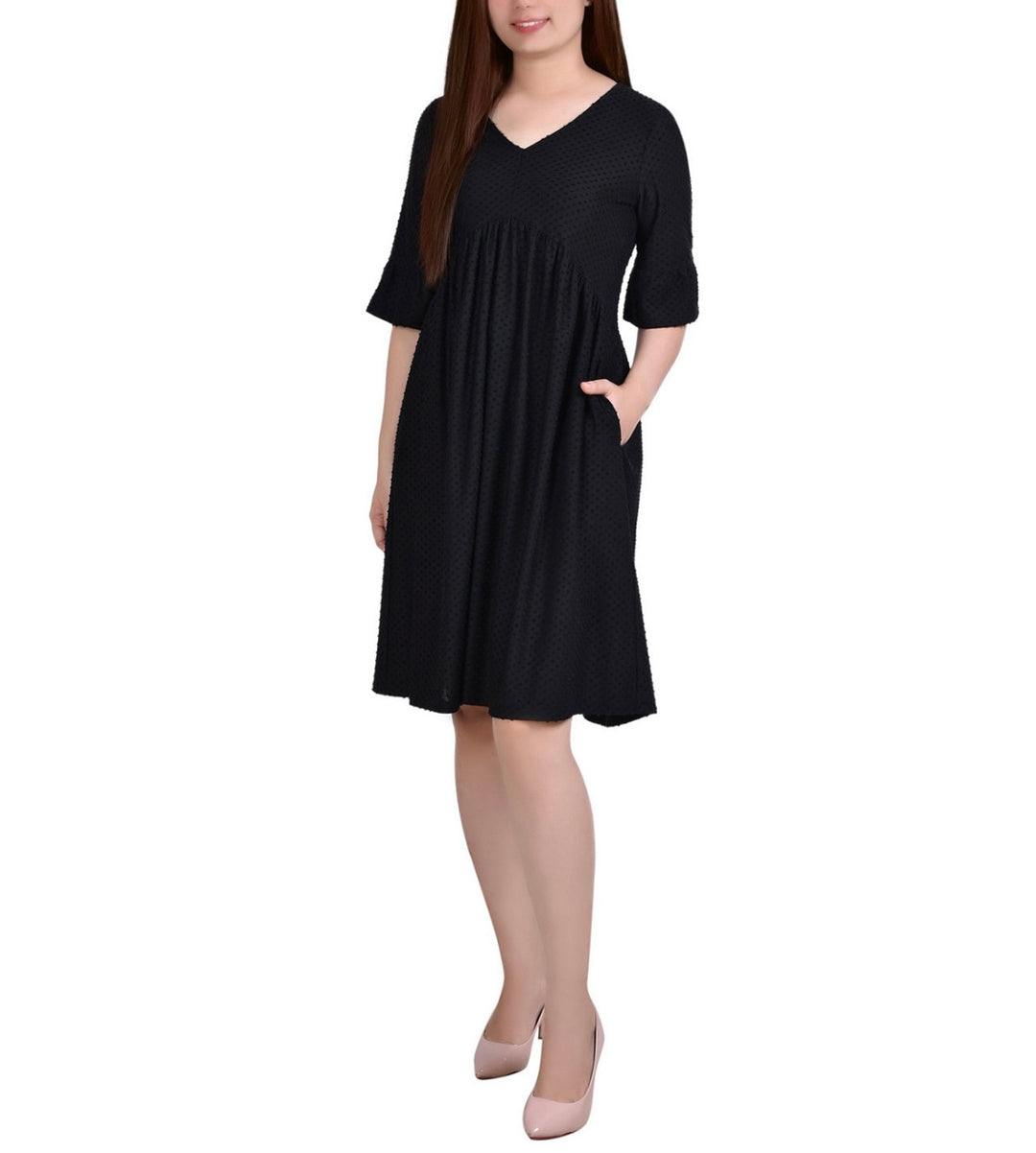 NY Collection Women's Petite Elbow Sleeve Swiss Dot Empire Dress Black Size PS