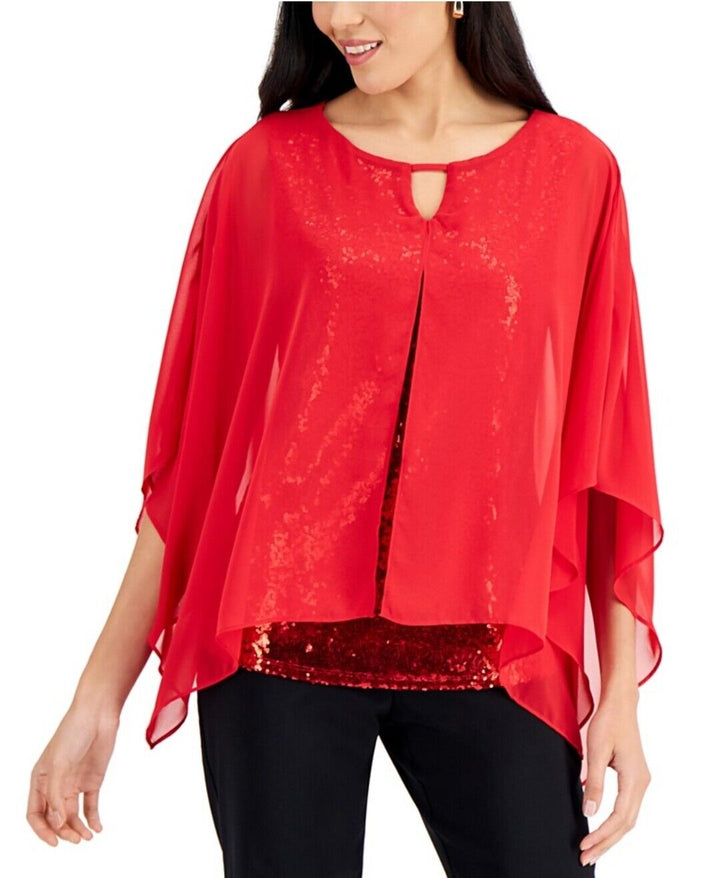 JM Collection Women's Sequined Mesh Keyhole Top Real Red Flutter Sleeves XS