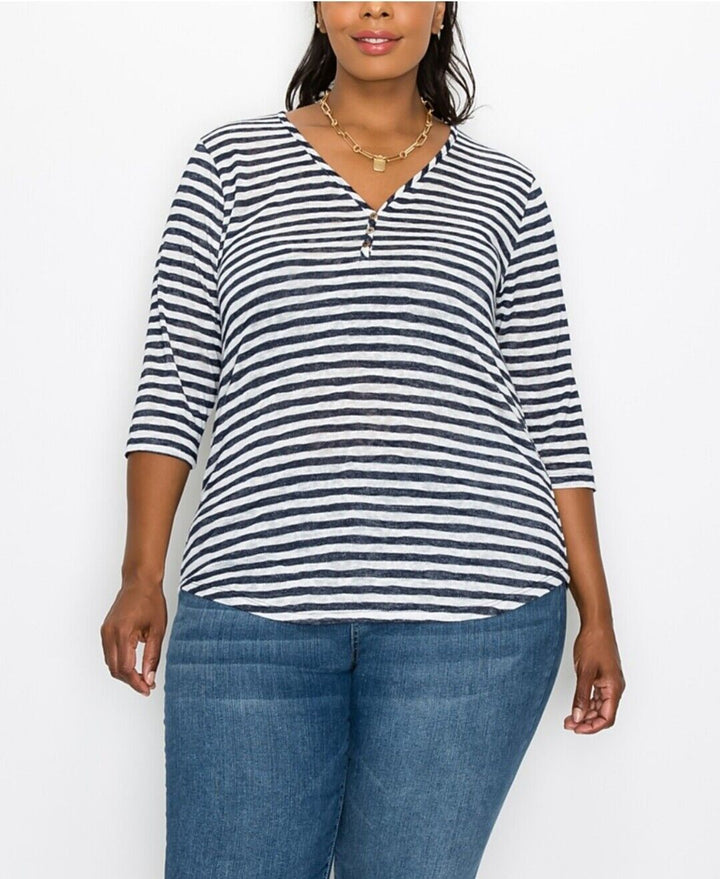 Women's Plus Size Stripe V-Neck Henley Top 3/4 Sleeve