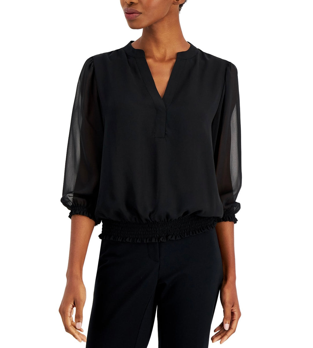 Alfani Women's 3/4 Sleeve Smocked V-Neck Top Black Size S