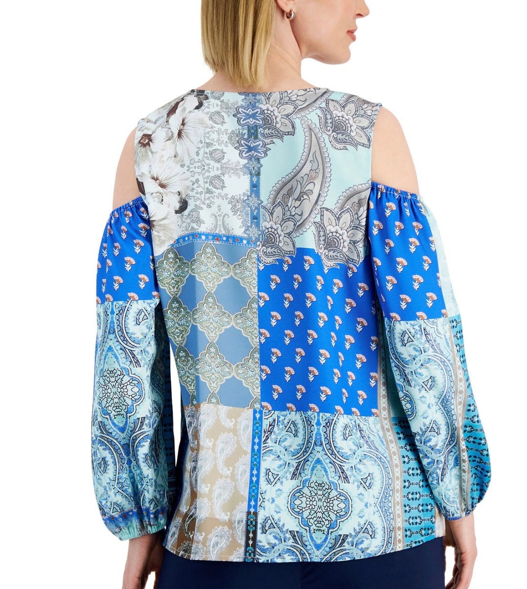 JM Collection Women's Paisley-Print Cold-Shoulder Top Deep Cobalt Size L