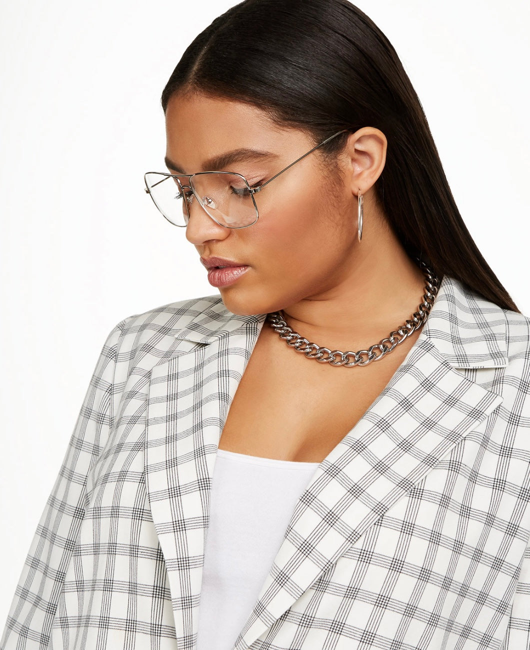 Danielle Bernstein Women's Plus Woven Plaid Boyfriend Blazer Ivory