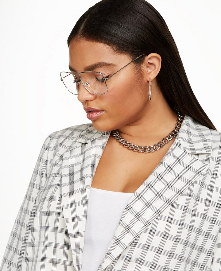 Danielle Bernstein Women's Plus Woven Plaid Boyfriend Blazer Ivory
