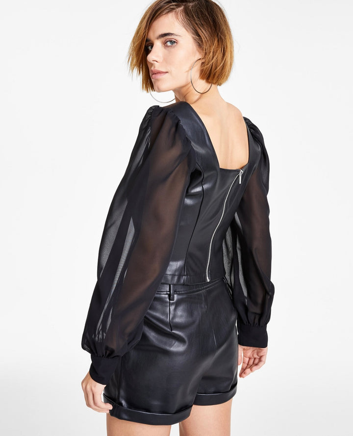 Bar III Women's Long Chiffon Sleeve Mixed-Media Top Black Size XL