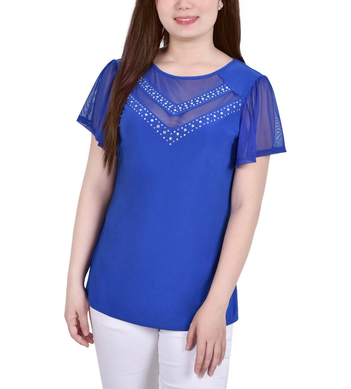 NY Collection Women's Scoop Neck Mesh Details Studded Top Surf The Web Size M