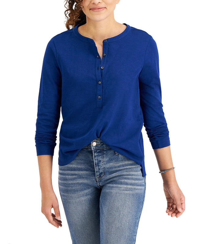 Style & Co. Women's Petite Long Sleeve Crewneck Henley Top Admiral Blue