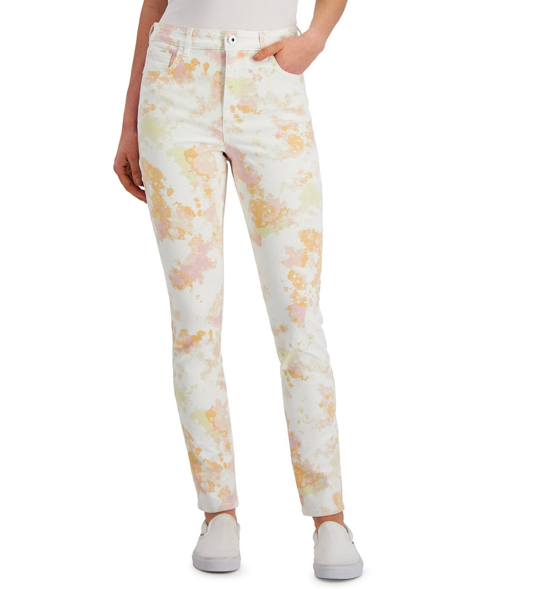 Style & Co. Women's Petite Printed High-Rise Curvy Skinny Ankle Jeans Pink Dye