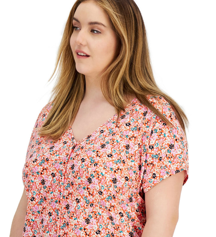 Bar III Women's Short Sleeve Printed V-Neck Top Valencia Combo Plus Size 2X
