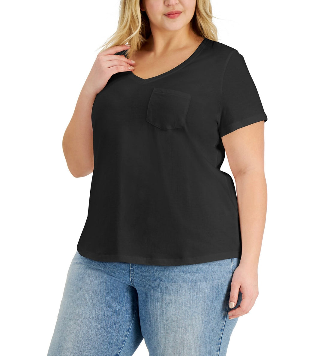 Style & Co. Women's Cotton Solid V-Neck Top Deep Black Plus Size 2X