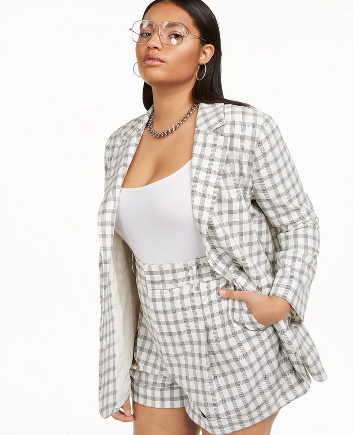 Danielle Bernstein Women's Plus Woven Plaid Boyfriend Blazer Ivory