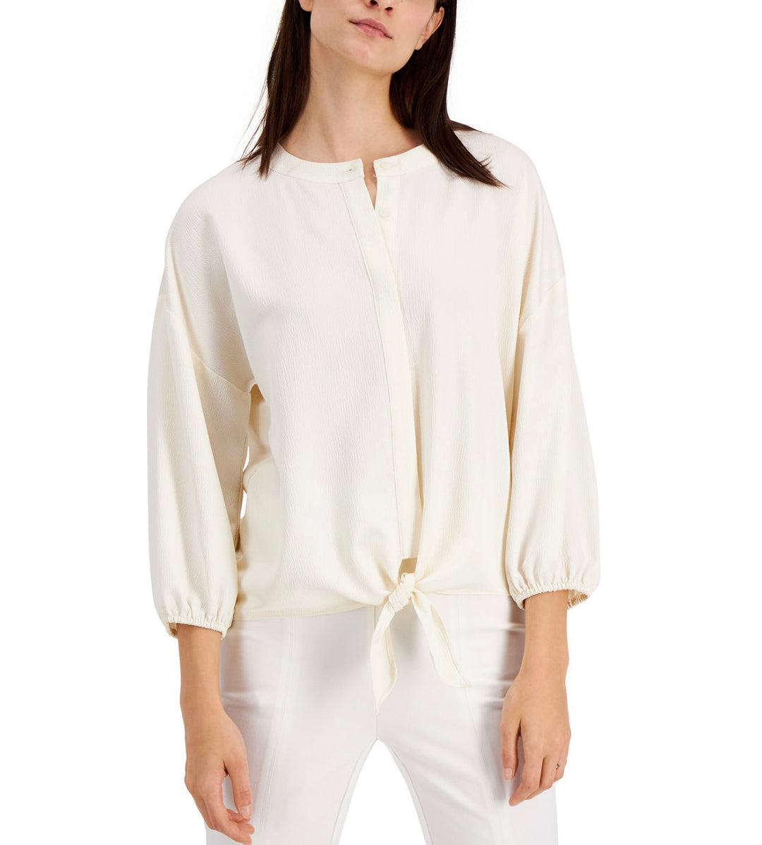 Alfani Women's 3/4 Sleeve Crewneck Tie-Front Top Antique White Size L