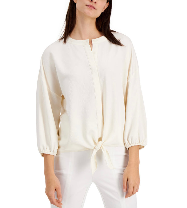 Alfani Women's 3/4 Sleeve Crewneck Tie-Front Top Antique White Size L