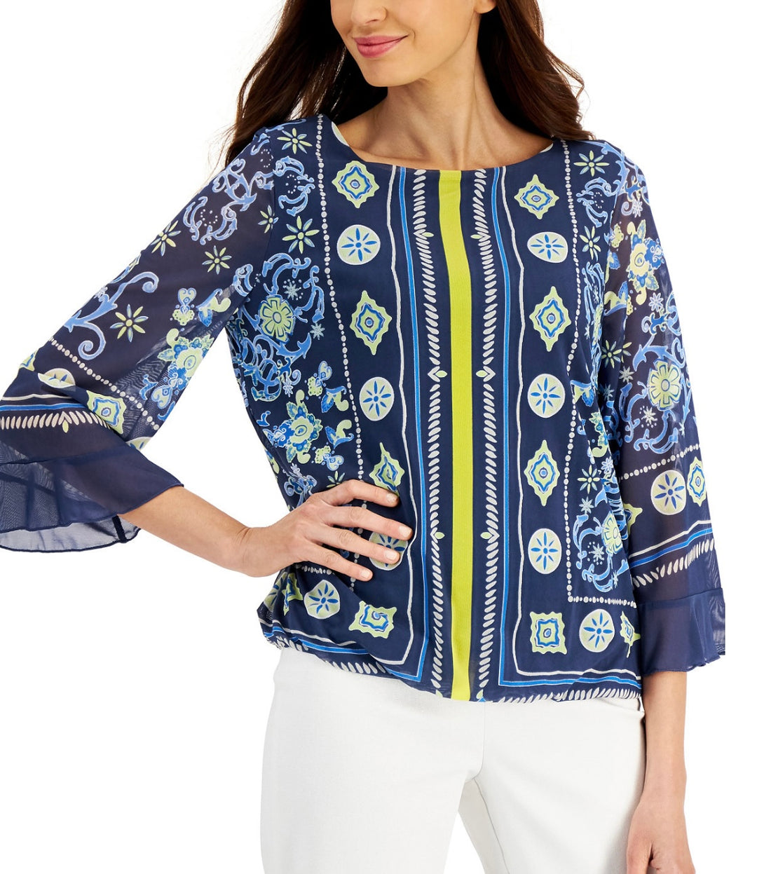 JM Collection Women's Printed Top Intrepid Blue Size S