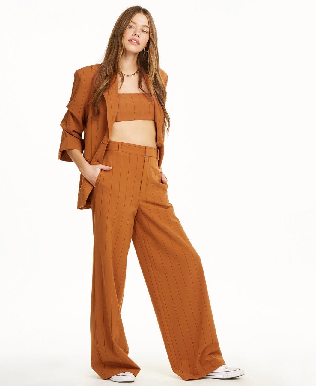 Danielle Bernstein Women's Pinstripe 3/4 Ruched Sleeves Two-Button Blazer