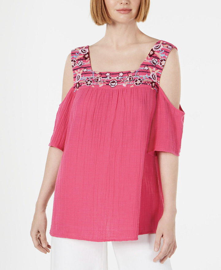 Women's Cotton Embroidered Cold-Shoulder Top
