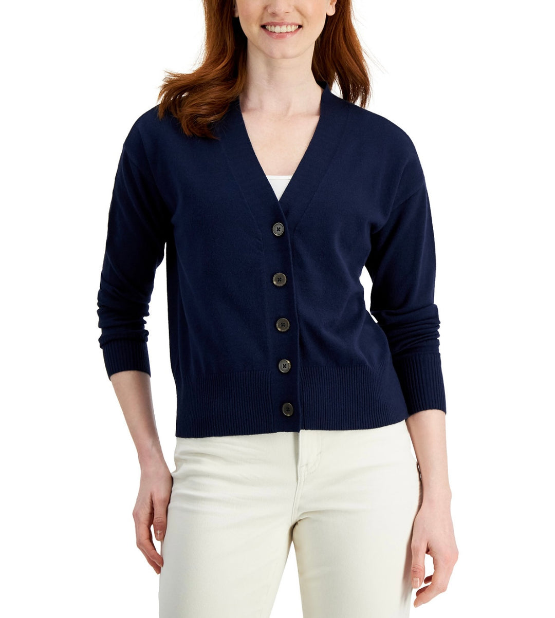 Style & Co. Women's Long Sleeve Cropped Button Cardigan Industrial Blue Size L