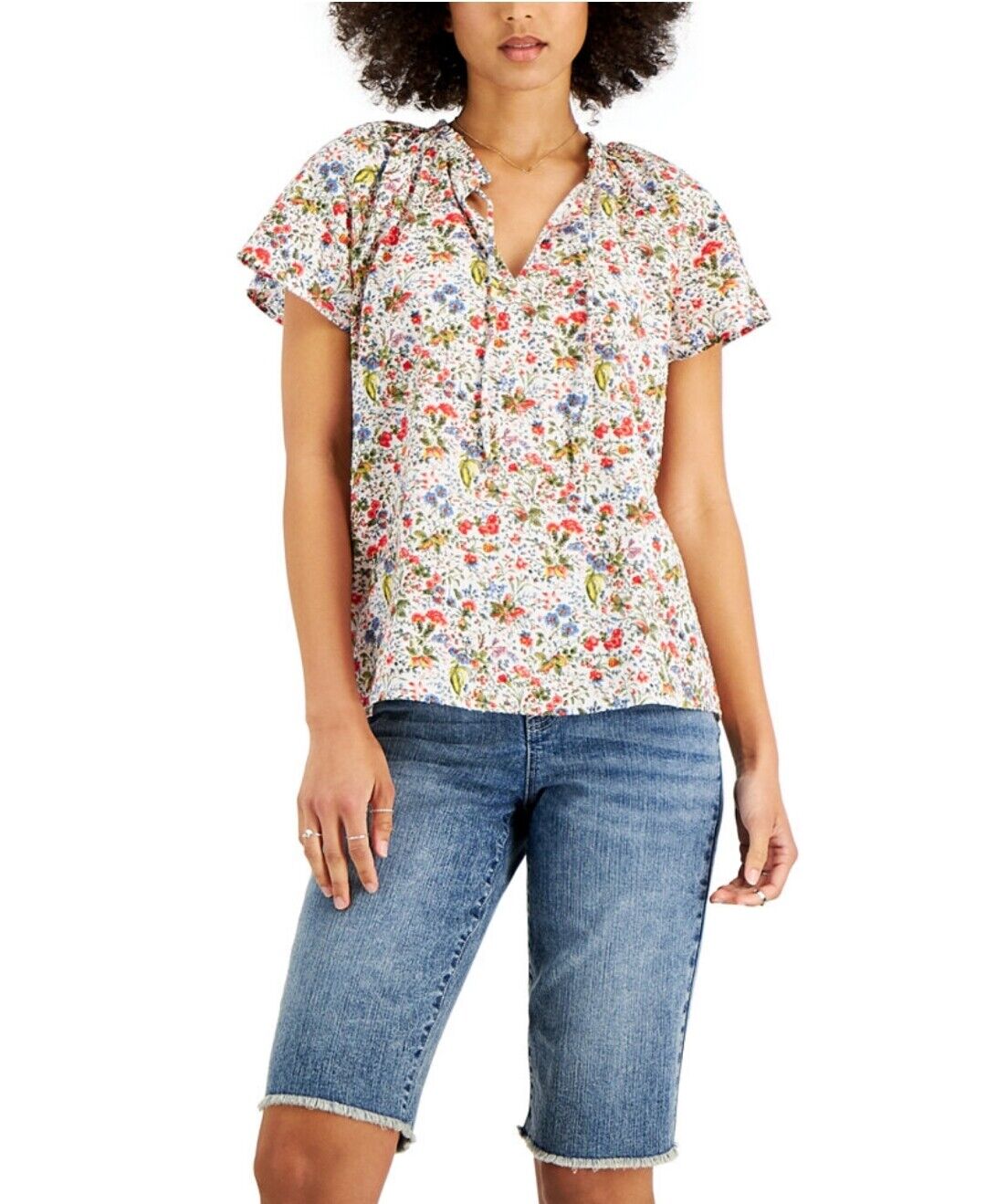 Women's Petite Printed Split-Neck Cotton Top Floral