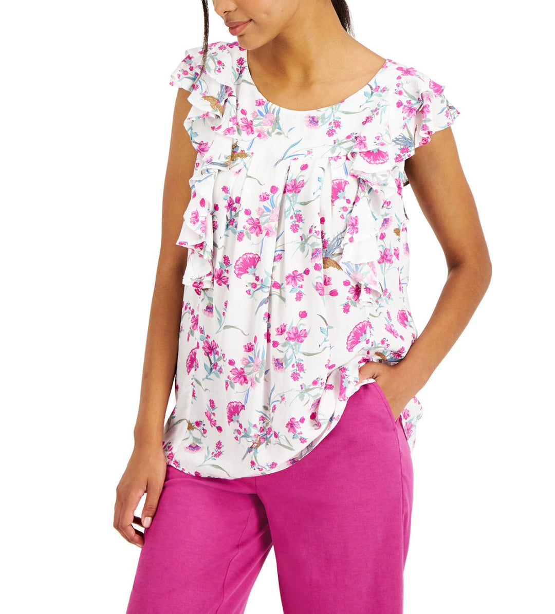 Charter Club Women's Sleeveless Scoop Neckline Floral Printed Top Size L