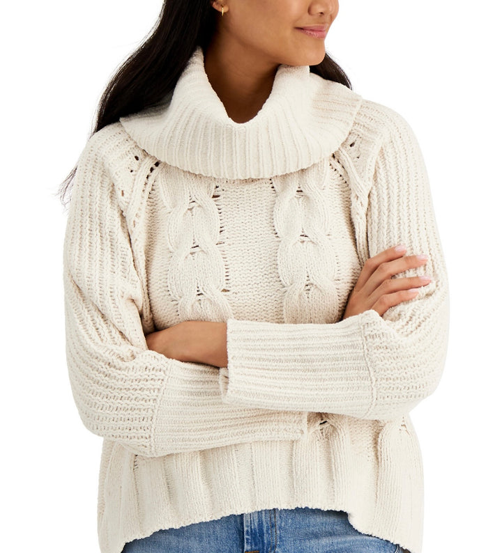Pink Rose Juniors' Oversized Cable-Knit Sweater Winter White Size M
