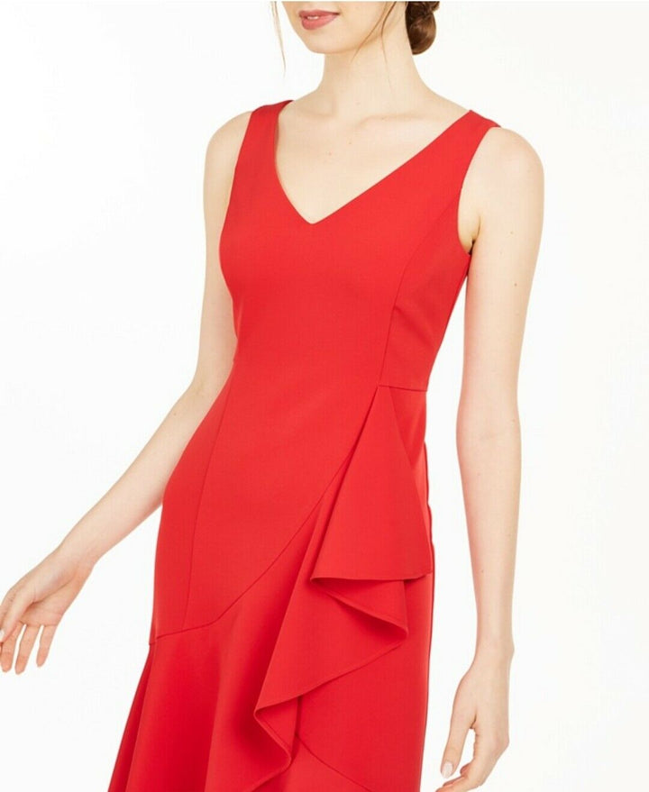 Women's Ruffled High-Low Midi Dress Sleeveless Zip V-Neck