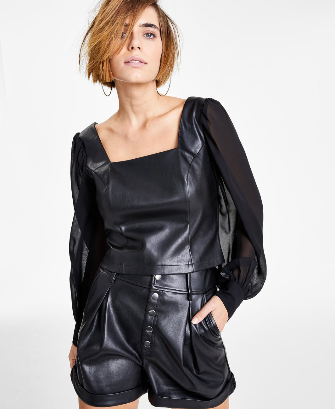 Bar III Women's Long Chiffon Sleeve Mixed-Media Top Black Size XL