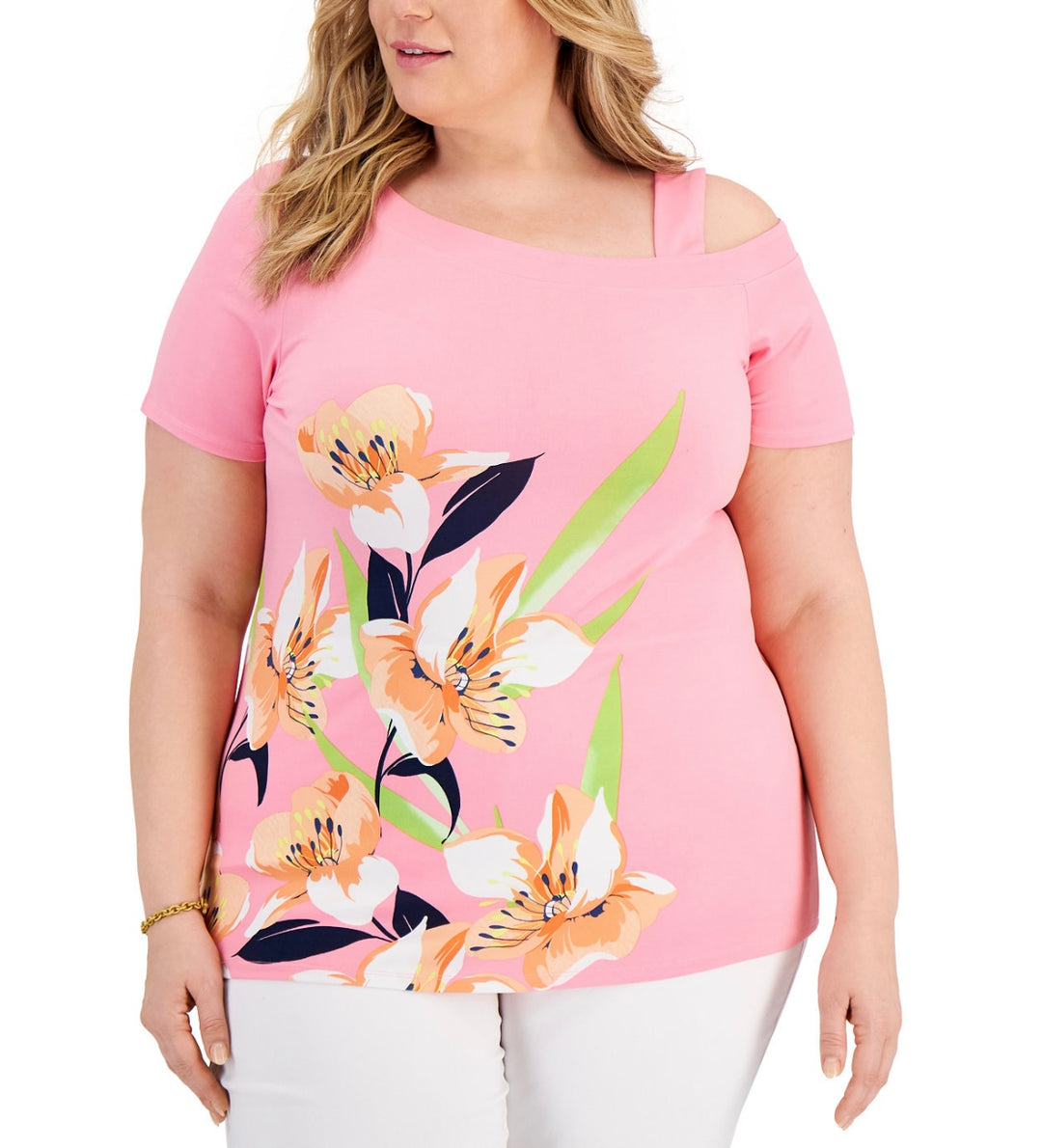 JM Collection Women's Short Sleeve Floral Cold-Shoulder Top Pink Gem Combo
