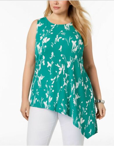 Women's Asymmetrical Hem Sleeveless Top Green Blouse Floral