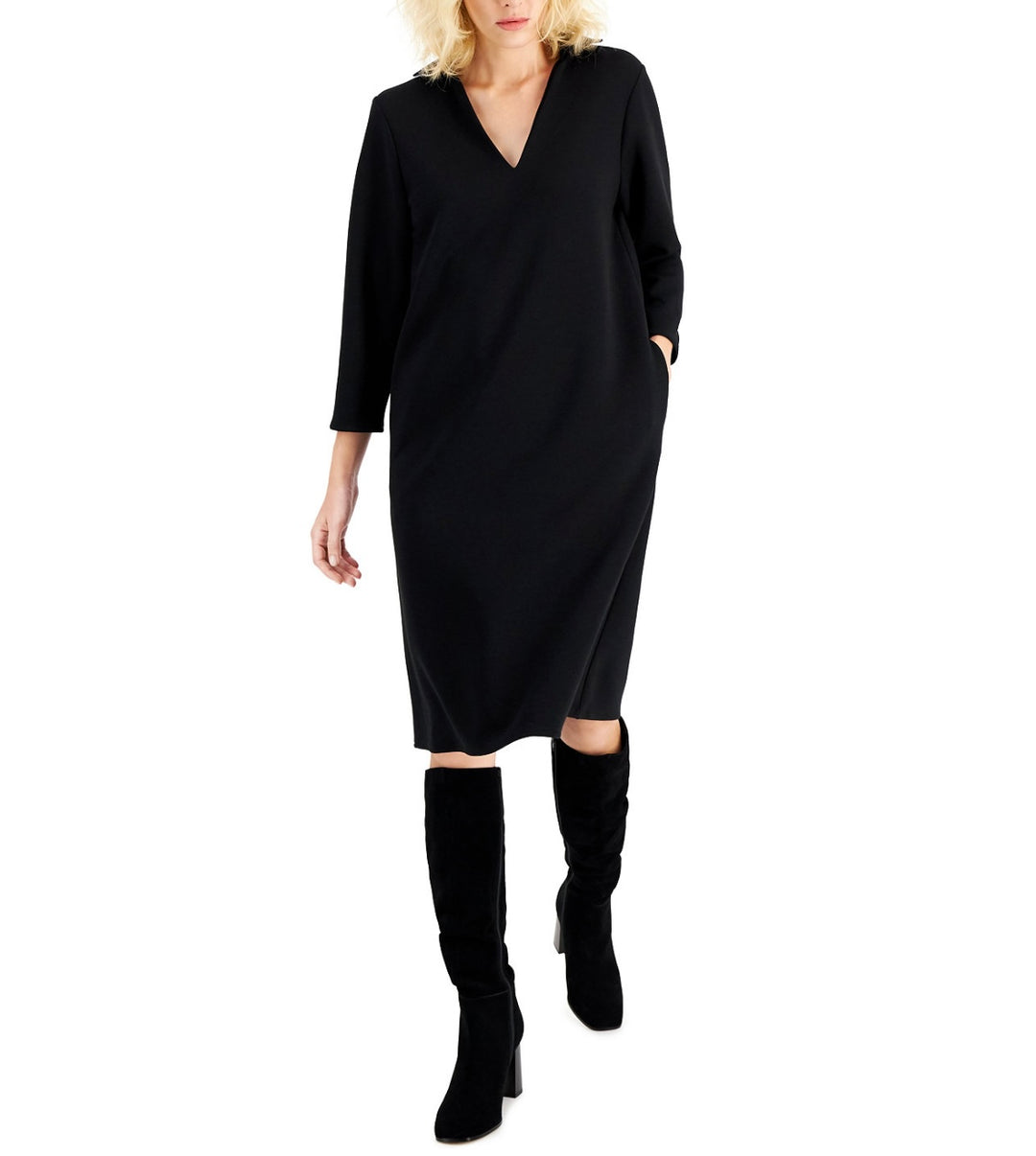Alfani Women's V-Neck Collared Knee-Length Dress Deep Black Size S