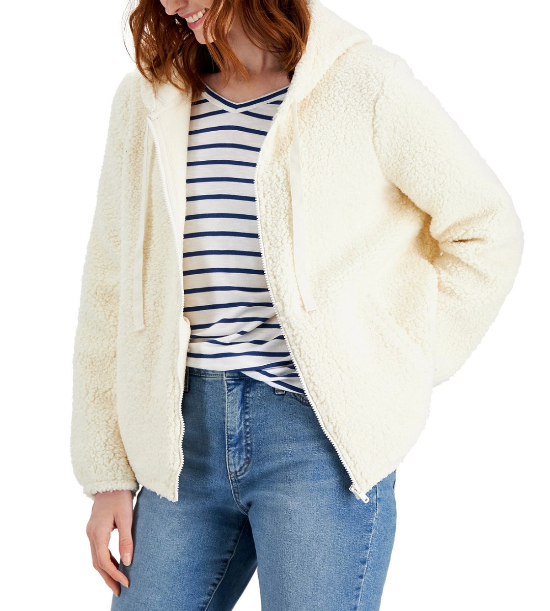 Style & Co. Women's Zip-Front Teddy Hoodie Natural Ivory Size XXL