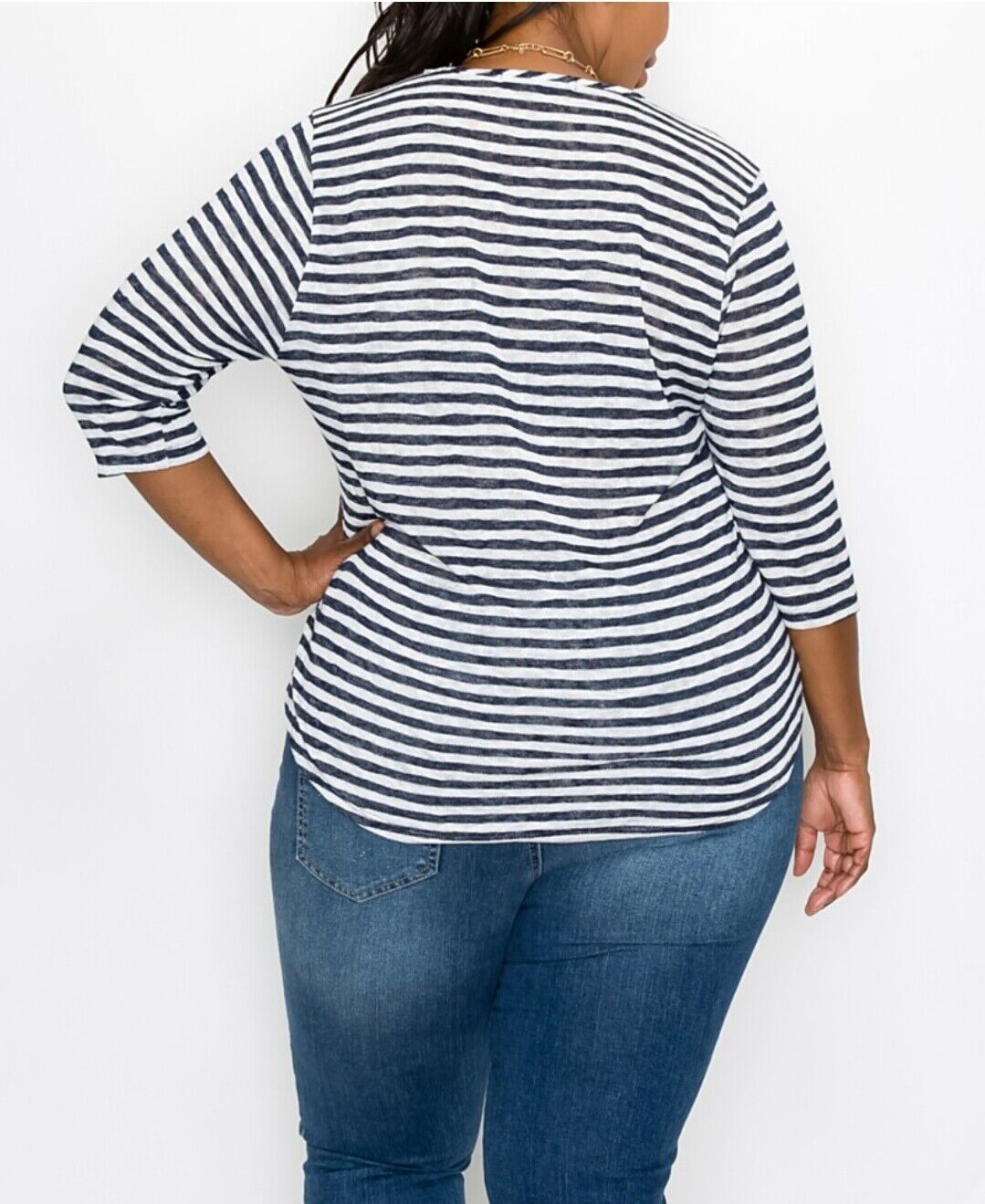 Women's Plus Size Stripe V-Neck Henley Top 3/4 Sleeve