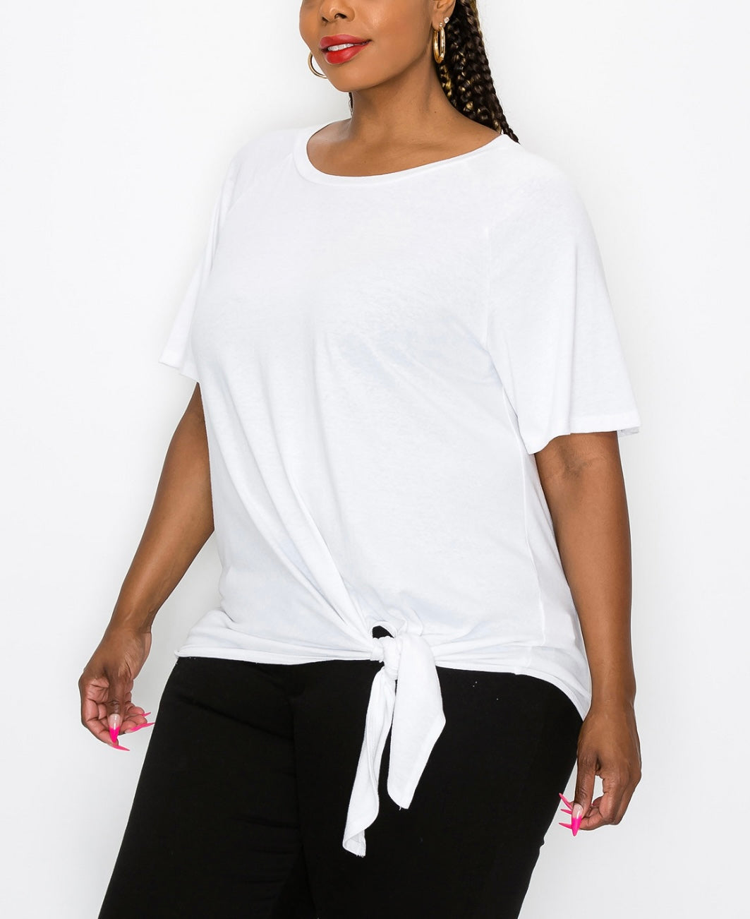 COIN 1804 Women's Short Sleeve Crewneck Side Tie Tee White Plus Size 1X