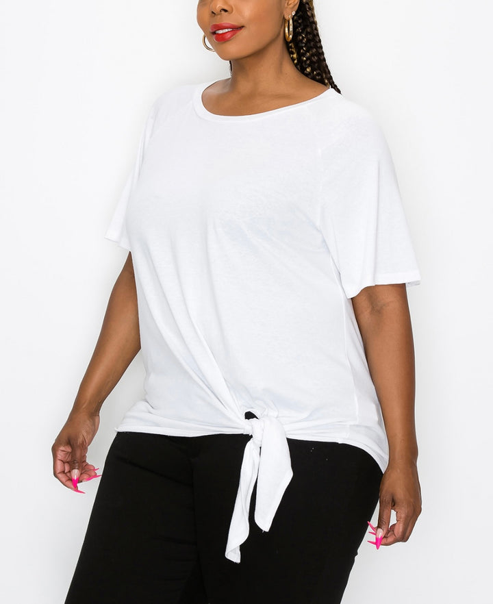 COIN 1804 Women's Short Sleeve Crewneck Side Tie Tee White Plus Size 1X