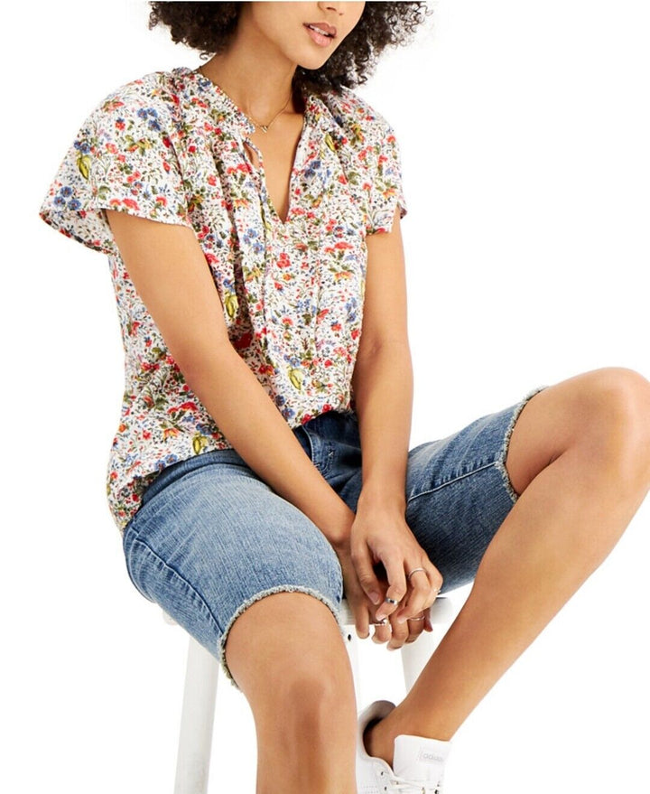 Women's Petite Printed Split-Neck Cotton Top Floral