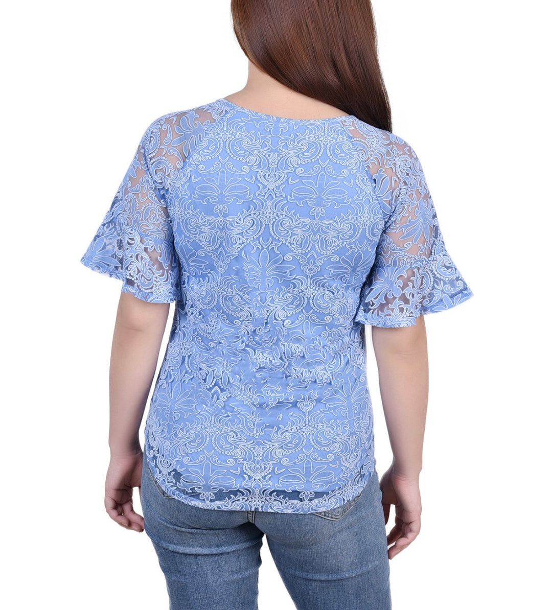 NY Collection Petite Short Bell Sleeve Lace Blouse Blue Size PM