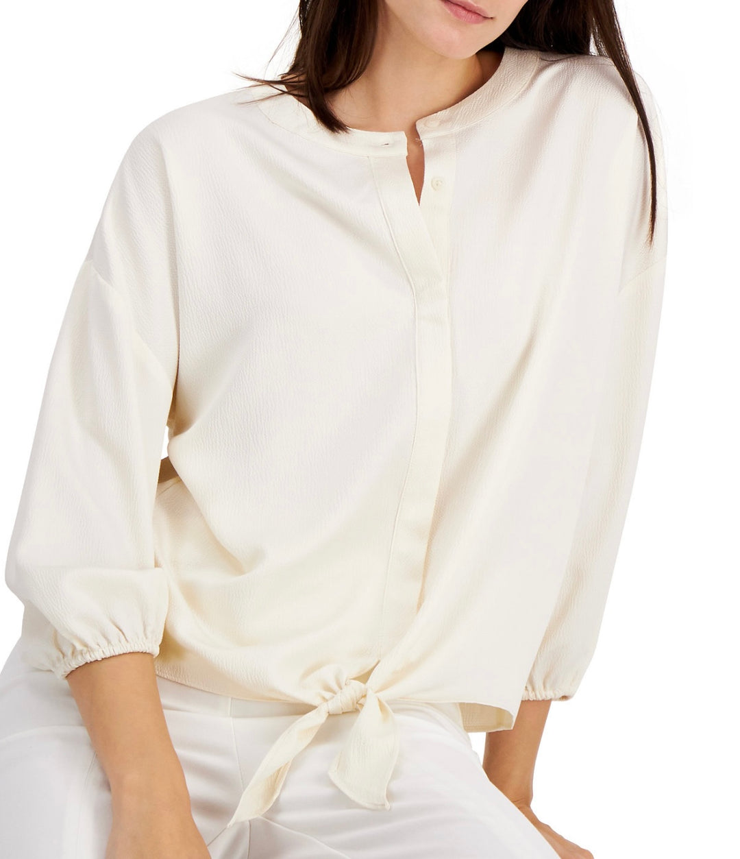 Alfani Women's 3/4 Sleeve Crewneck Tie-Front Top Antique White Size L