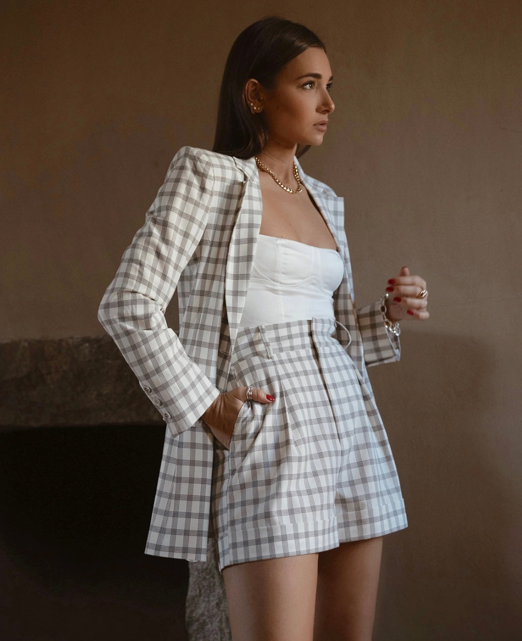 Danielle Bernstein Women's Plus Woven Plaid Boyfriend Blazer Ivory