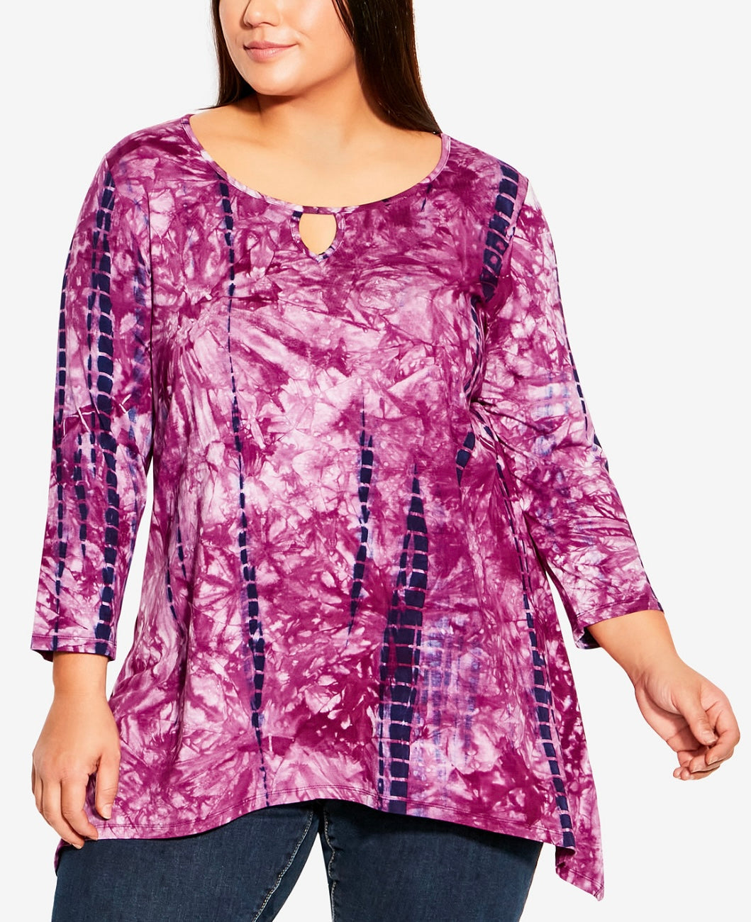 Avenue Women's 3/4 Sleeve Keyhole Tie Dye Top Berry Reflection Plus Size 18