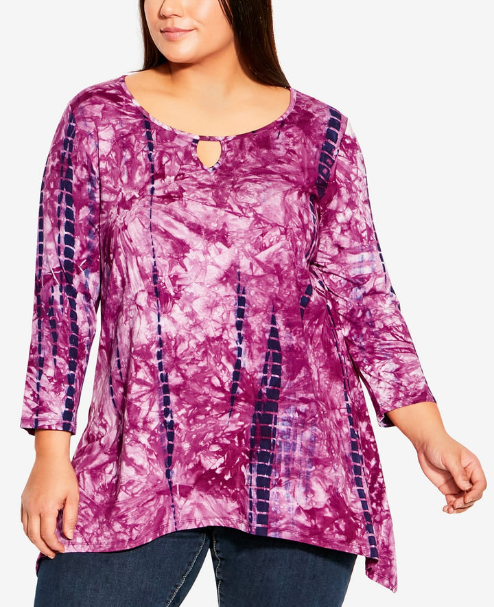 Avenue Women's 3/4 Sleeve Keyhole Tie Dye Top Berry Reflection Plus Size 18