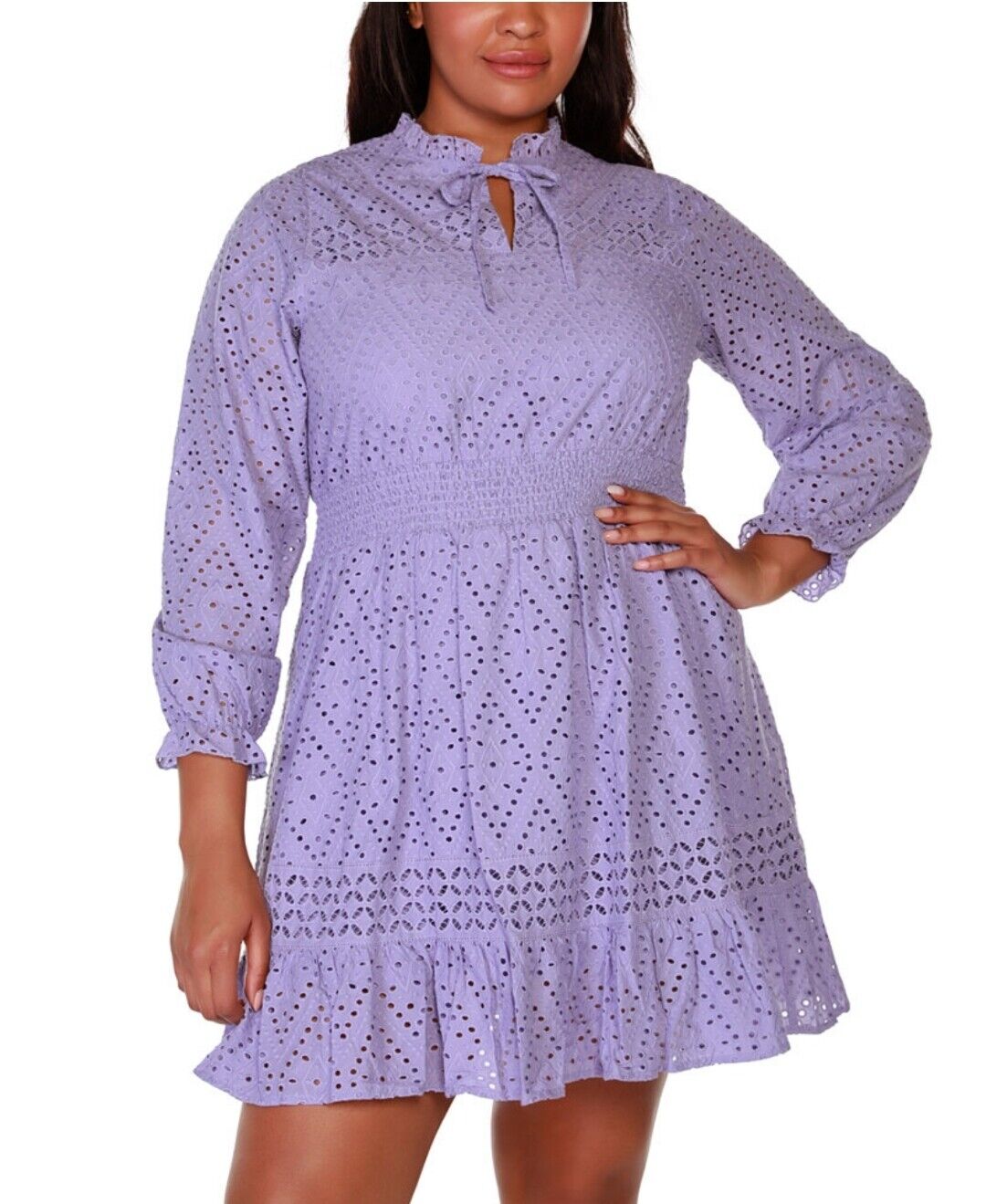 Belldini Women's Plus Size Black Label Long Sleeve Eyelet Ruffle Dress