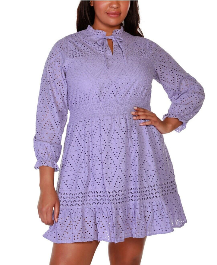 Belldini Women's Plus Size Black Label Long Sleeve Eyelet Ruffle Dress