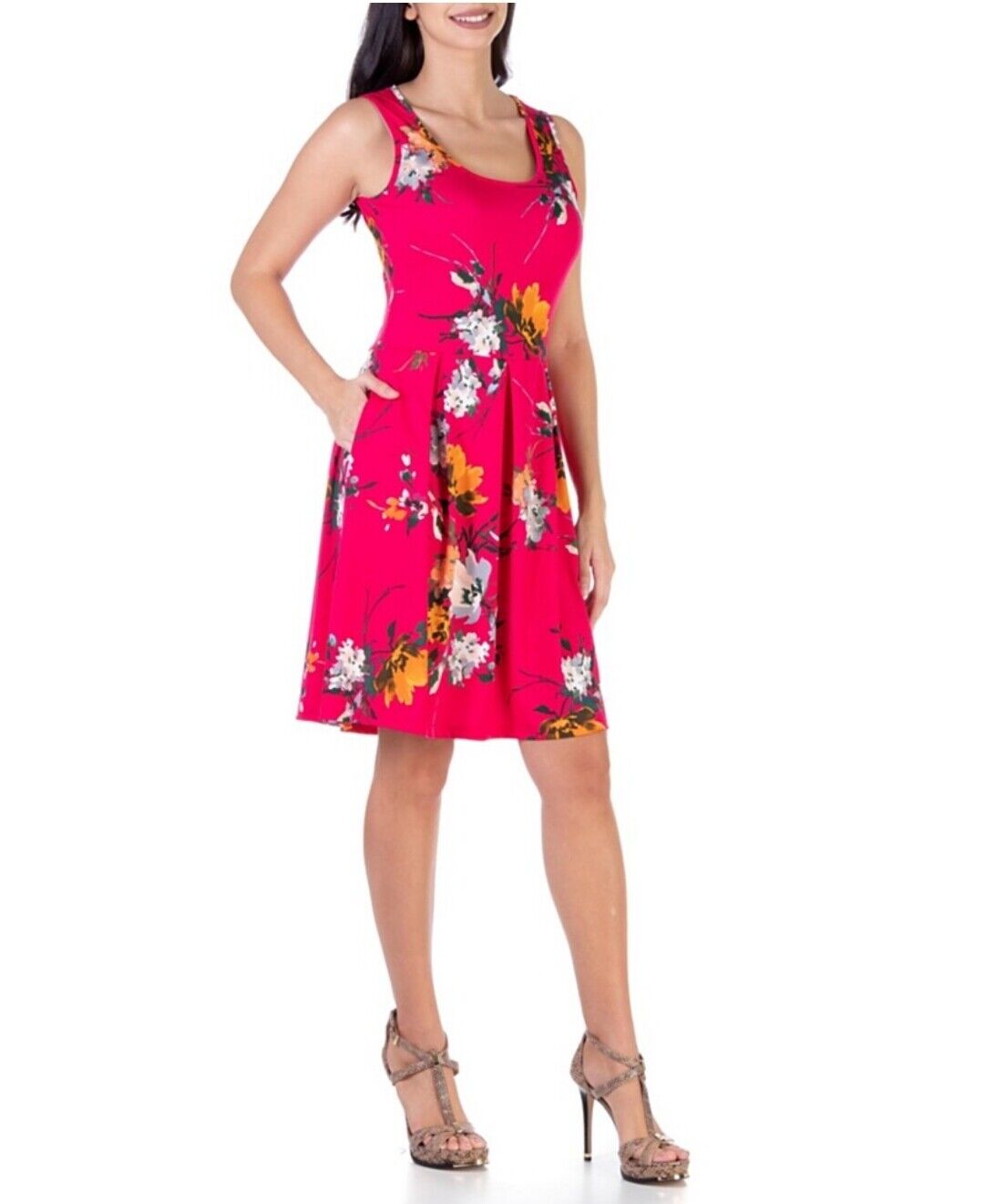 Women's Floral Sleeveless Pleated Knee Length Pocket