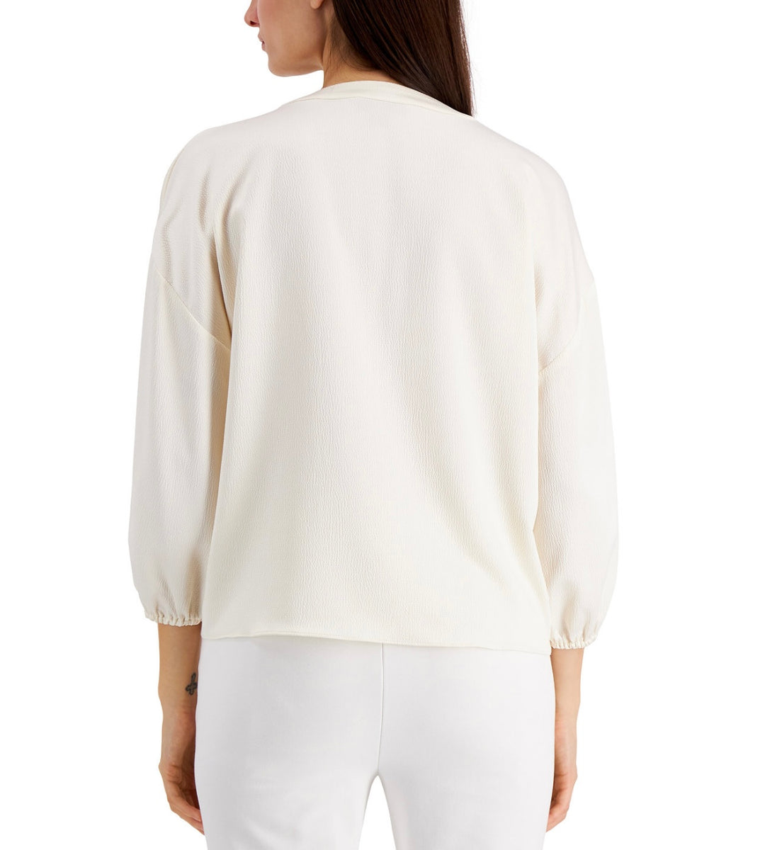 Alfani Women's 3/4 Sleeve Crewneck Tie-Front Top Antique White Size L