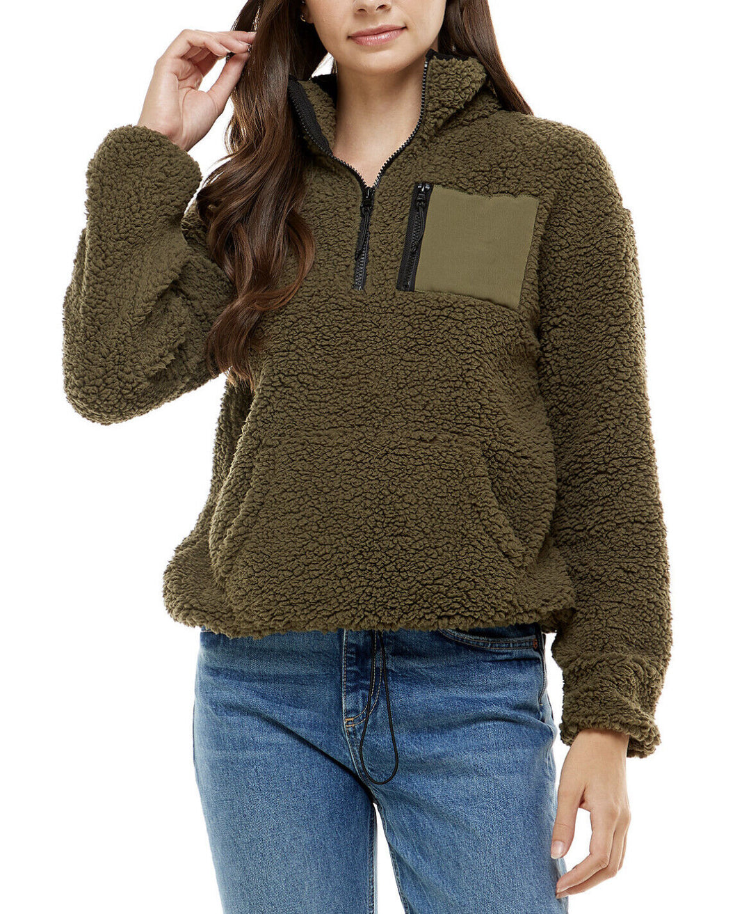 Planet Gold Juniors' Fluffy Mock-Neck Sherpa Quarter-Zip Top
