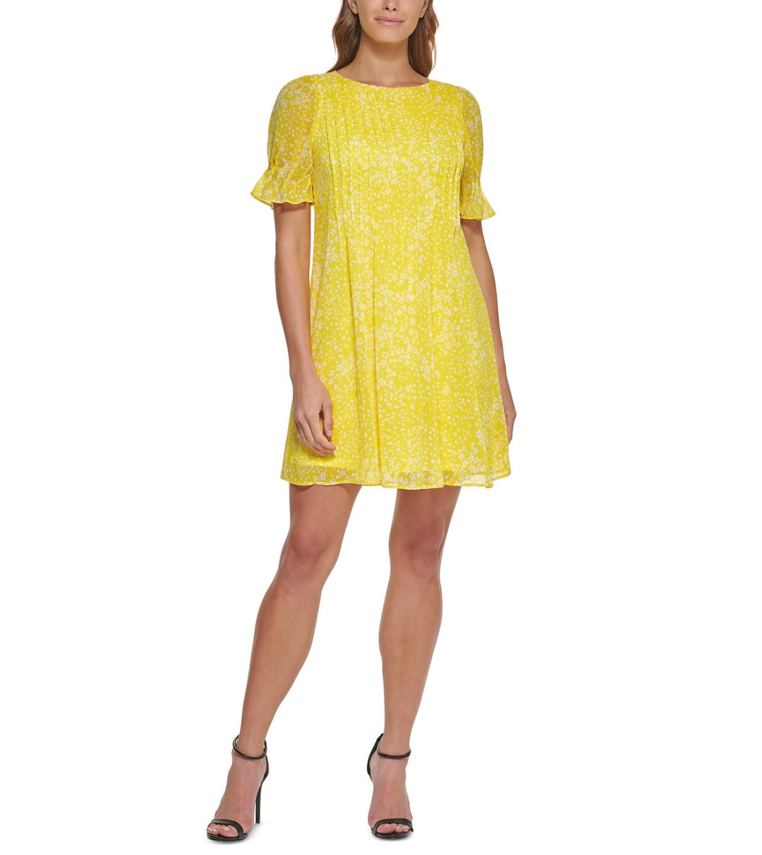DKNY Women's Short Sleeve Crewneck Pleated Shift Dress