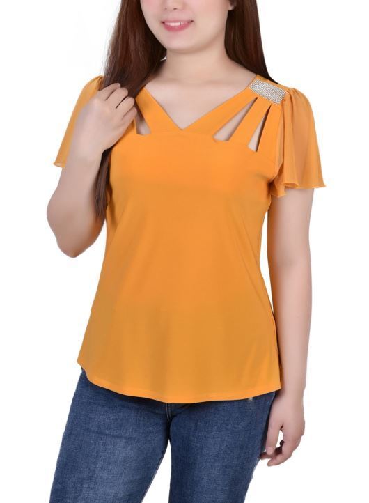 NY Collection Women's Short Flutter Sleeve Top Cutouts Stones Gold