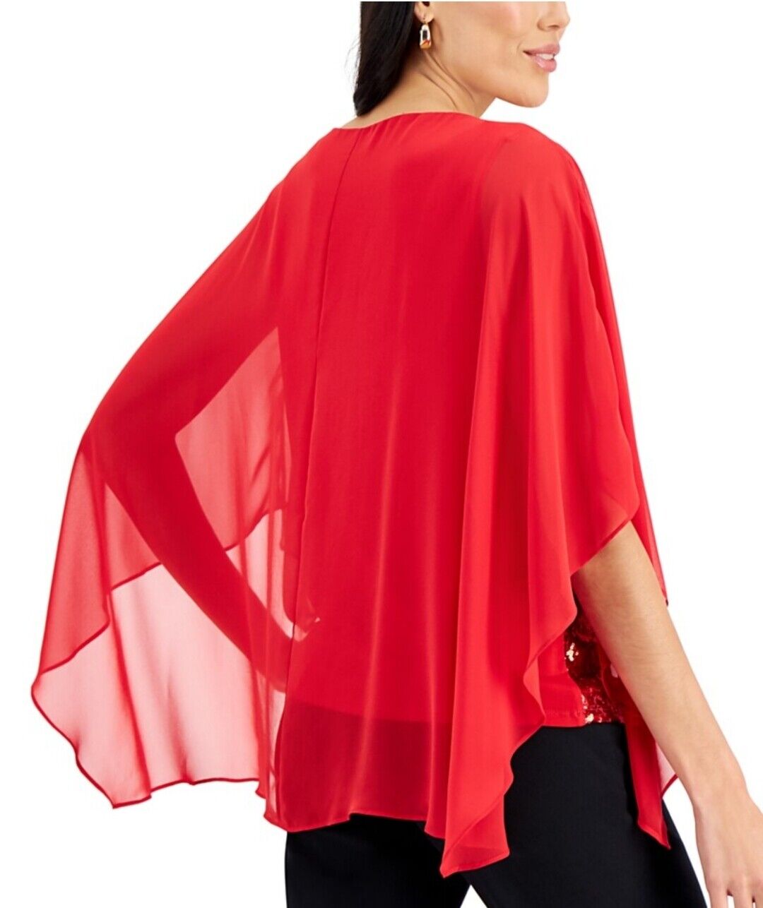 JM Collection Women's Sequined Mesh Keyhole Top Real Red Flutter Sleeves XS