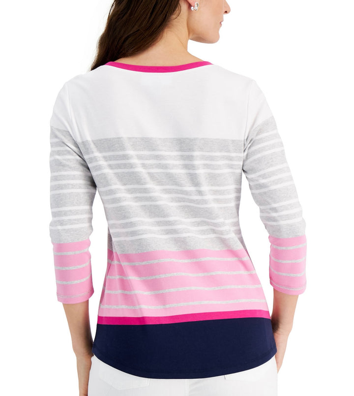 Karen Scott Women's Becca Striped Scoop Neck 3/4 Sleeve Top