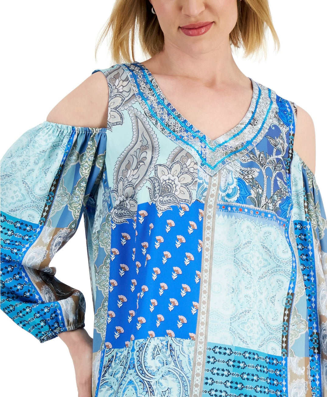JM Collection Women's Paisley-Print Cold-Shoulder Top Deep Cobalt Size L