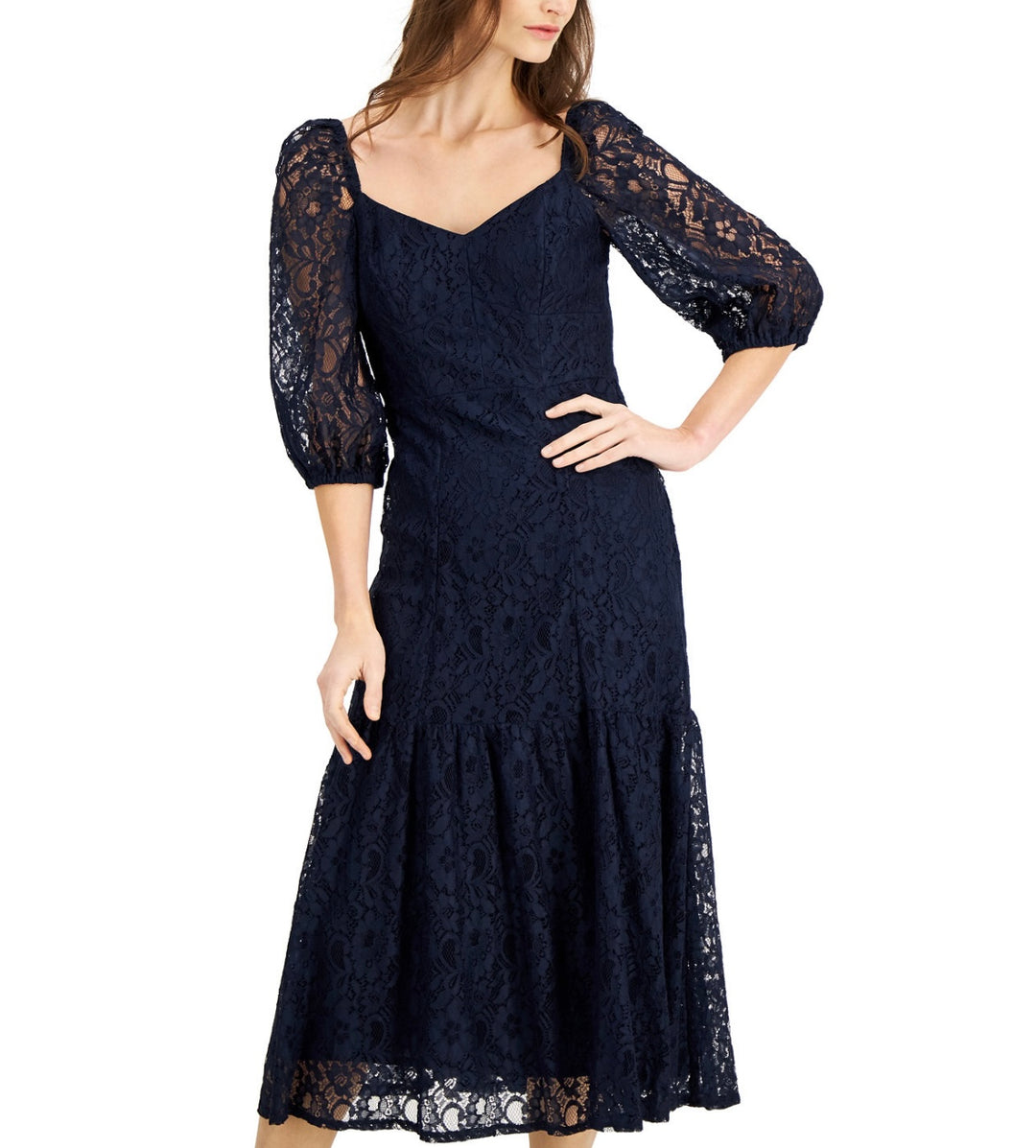 Taylor Women's 3/4 Sleeve V-Neck Lace A-Line Dress