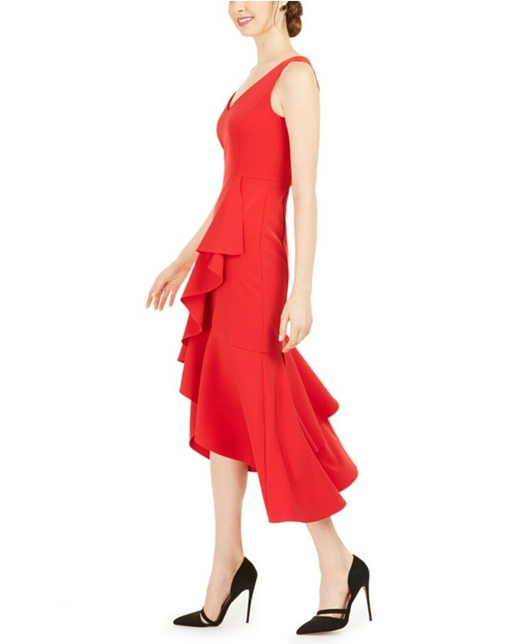 Women's Ruffled High-Low Midi Dress Sleeveless Zip V-Neck